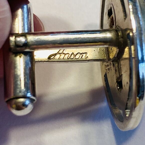 Vintage Anson Cufflinks Silvertone & Blue Jelly Belly Polished Stone Centers - Picture 7 of 8